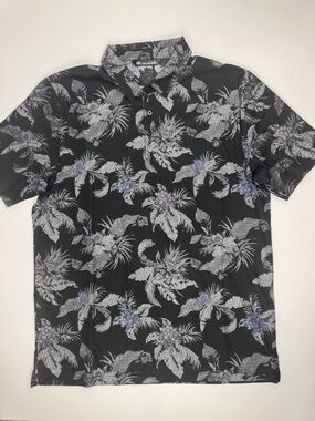 Travis Mathew Black Polo with Gray & Blue Floral Print